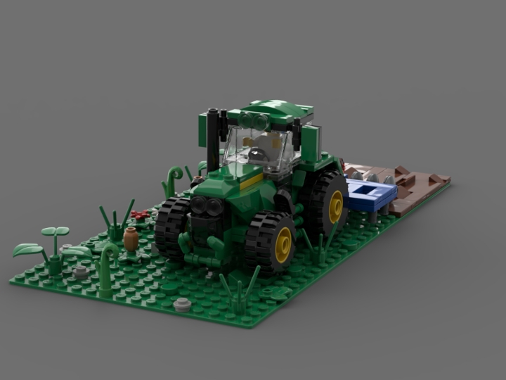 John Deere tractor with cultivator from BrickLink Studio [BrickLink]