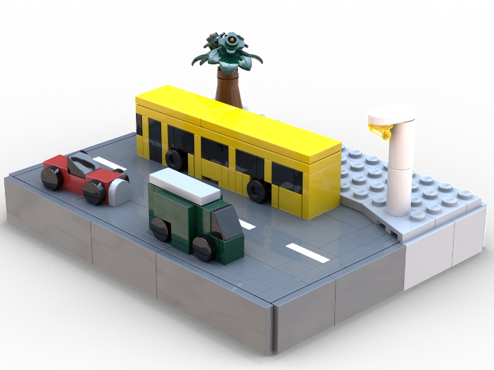 Street with cars and a yellow bus from BrickLink Studio [BrickLink]