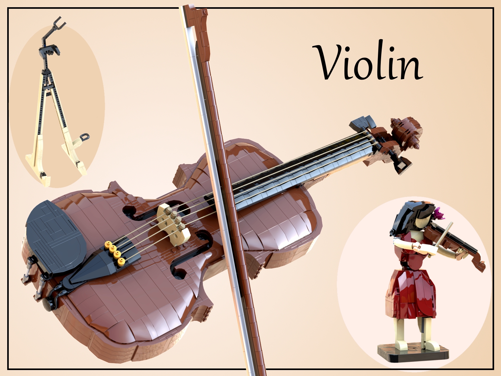 [Violin, full-size, with stand and brick-built violinist] [BrickLink]
